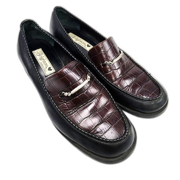 Brighton Sarah Brown Croc Embossed and Black Leather Slip On Loafers Size 8.5 - Picture 1 of 9